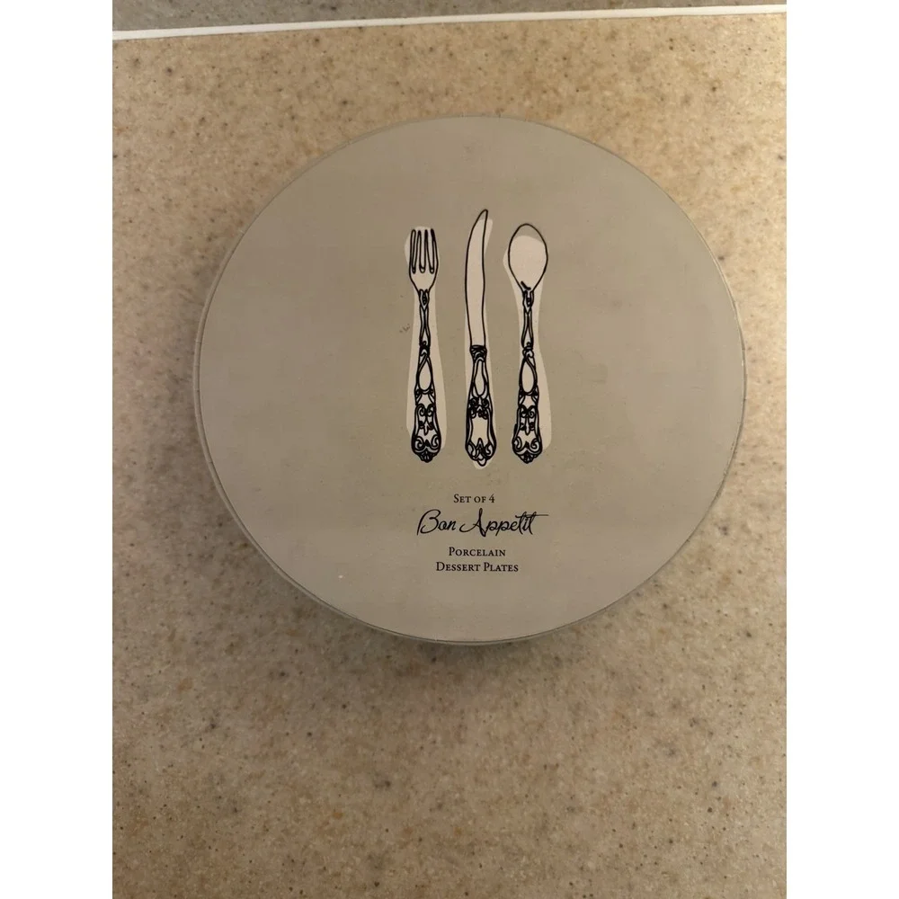 C.R. Gibson Bon Appetit Porcelain Dessert Plates Set of 4 Silverware Design